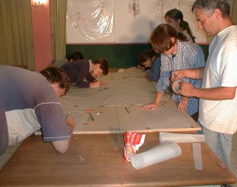 (aspecto de trabalho em gabinete – passagem para vegetal dos decalques das gravuras)